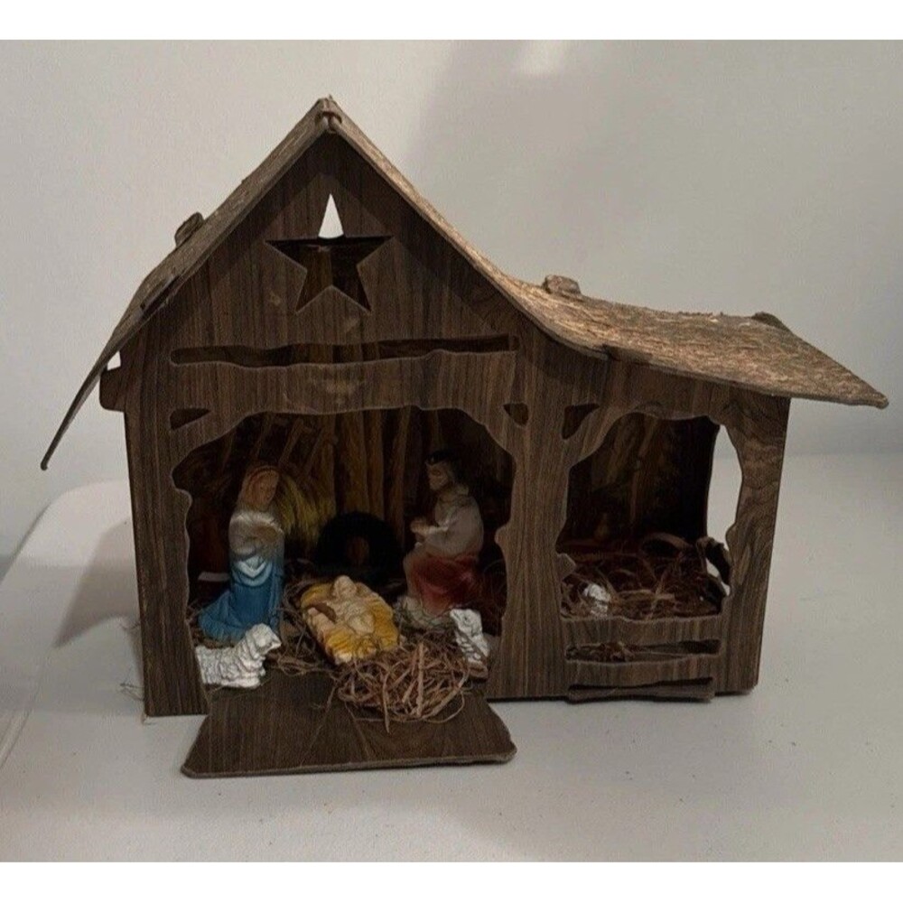 Vintage Nativity Cardboard Brown Stable Paper Mache Figures All Fixed Hay Baby 